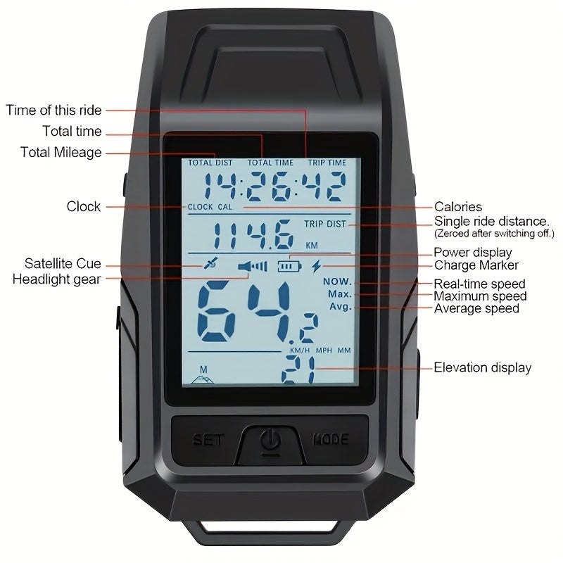 3-In-1 Bike Computer with Powerful LED Headlight, GPS Speedometer & Horn - USB-C Rechargeable Bike Odometer, Multi-Mode Display (Speed, Distance, Time, Calories, Altitude, Gradient), Long-Lasting Battery, Compatible with Smartphones\u002FApps