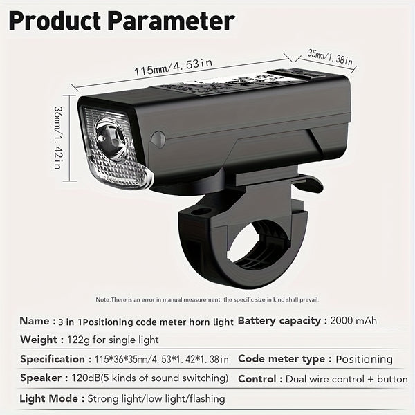 3-In-1 Bike Speedometer, Bike Computer& LED Headlight with GPS, USB Rechargeable, Multi-Mode Options, Real-Time Speed\u002FDistance Tracking, LCD Display, Odometer, Compatible with Smartphones, Compatible with for all Bicycles & Cycling GPS Devices