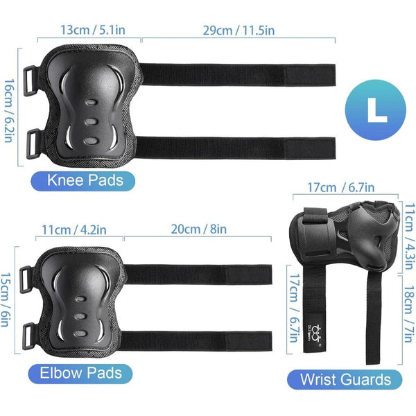 6 Pack YouthAdult Knee Elbow Wrist Protective Gear Set - Heavy-Duty Pads with Adjustable Buckles & Padding for Skateboarding, Roller Skating, Cycling, Scooter, Bike - Multi- Equipment for, & s ( &