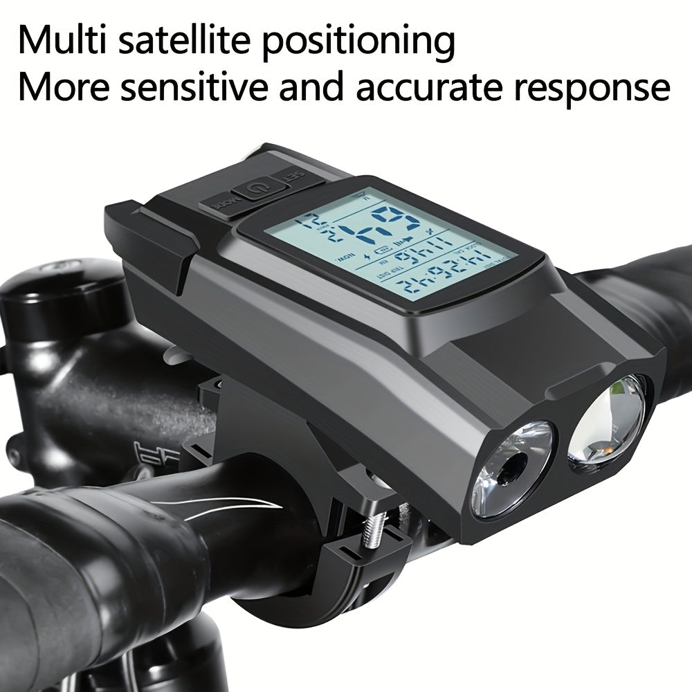 3-In-1 Bike Computer with Powerful LED Headlight, GPS Speedometer & Horn - USB-C Rechargeable Bike Odometer, Multi-Mode Display (Speed, Distance, Time, Calories, Altitude, Gradient), Long-Lasting Battery, Compatible with Smartphones\u002FApps