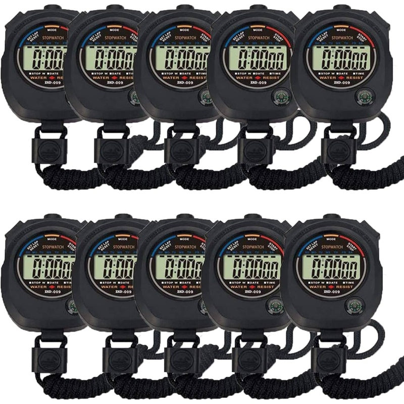 10-Pack Multi-Function Electronic Digital Sport Stopwatch Timer with Large Display, Split\u002FS Lap\u002FTotal Time, Date\u002FAlarm, 1\u002F100th Second Split, Battery-Powered (Non-Rechargeable) - for Gym, Track, Coaching, Refereeing, Swimming, Cycling