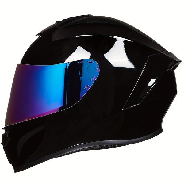 Black Full-Face Motorcycle Helmet with Reflective Rainbow Lens,, Removable & Washable Interior Liners for Men and Women, Motorcycle Accessories