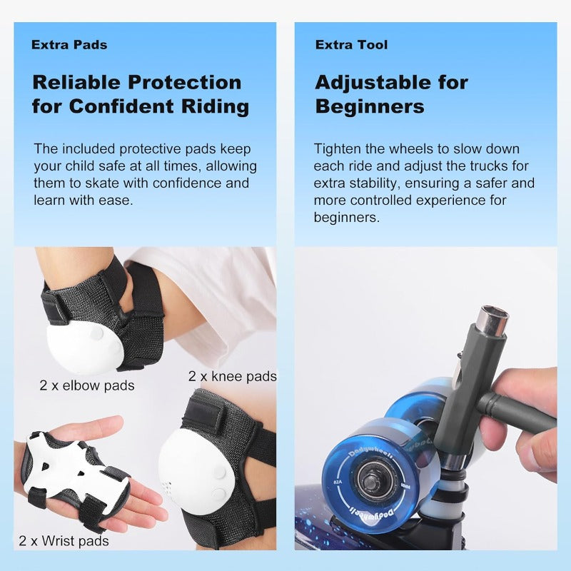 Complete Skateboard Set with LightUp Glow-in-the-Dark Wheels - Heavy-Duty 7-Ply Maple Deck, 220 lbs Weight Capacity, Full Protective Gear (Helmet\u002FWrist\u002FElbow\u002FKnee Pads) & Tool Kit for Boys & Girls - Beginner to Pro Skateboard Kit with