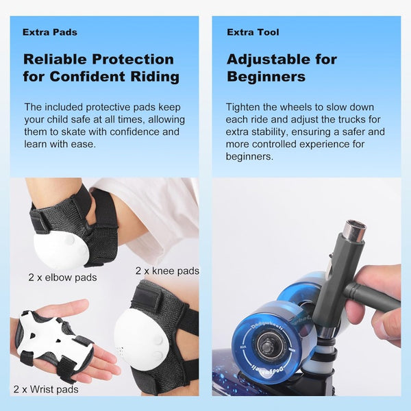 Complete Skateboard Set with LightUp Glow-in-the-Dark Wheels - Heavy-Duty 7-Ply Maple Deck, 220 lbs Weight Capacity, Full Protective Gear (Helmet\u002FWrist\u002FElbow\u002FKnee Pads) & Tool Kit for Boys & Girls - Beginner to Pro Skateboard Kit with