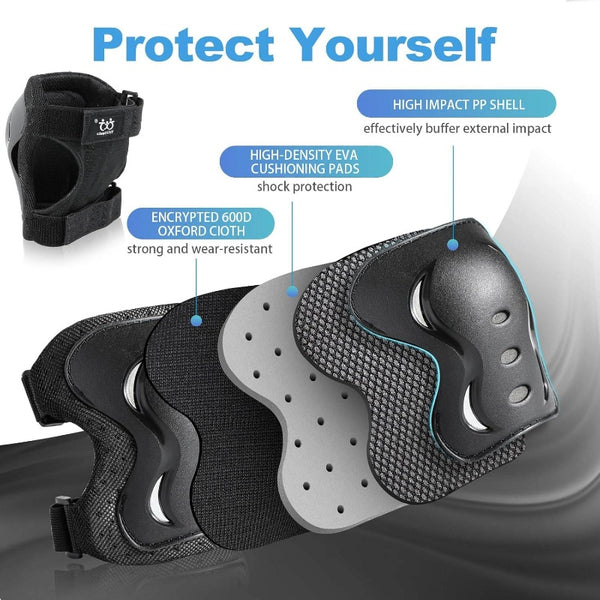 6 Pack YouthAdult Knee Elbow Wrist Protective Gear Set - Heavy-Duty Pads with Adjustable Buckles & Padding for Skateboarding, Roller Skating, Cycling, Scooter, Bike - Multi- Equipment for, & s ( &