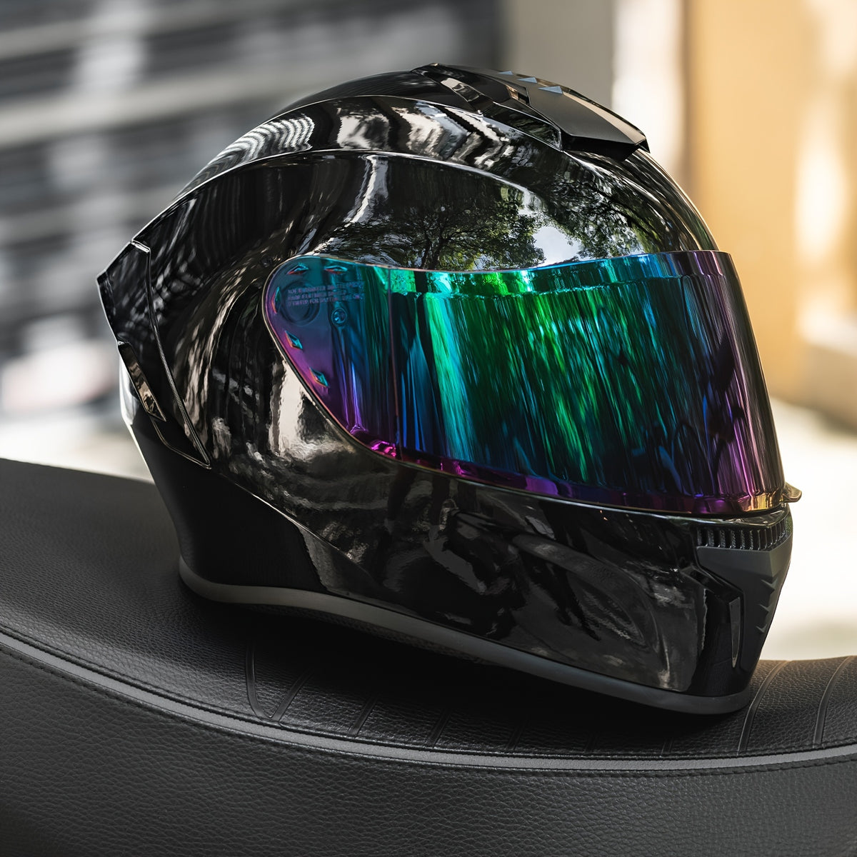 Black Full-Face Motorcycle Helmet with Reflective Rainbow Lens,, Removable & Washable Interior Liners for Men and Women, Motorcycle Accessories