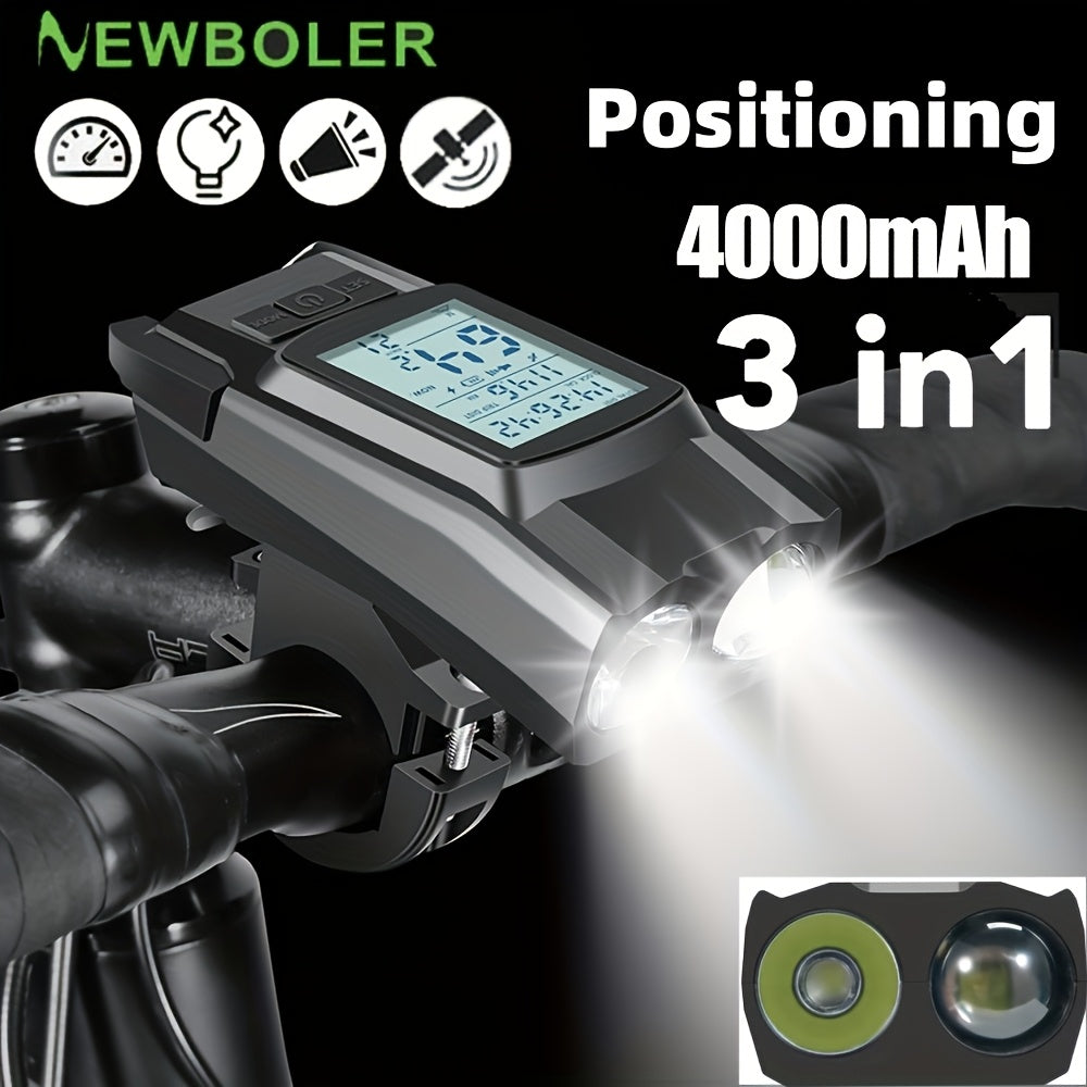 3-In-1 Bike Computer with Powerful LED Headlight, GPS Speedometer & Horn - USB-C Rechargeable Bike Odometer, Multi-Mode Display (Speed, Distance, Time, Calories, Altitude, Gradient), Long-Lasting Battery, Compatible with Smartphones\u002FApps