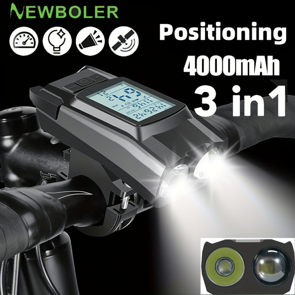 3-In-1 Bike Computer with Powerful LED Headlight, GPS Speedometer & Horn - USB-C Rechargeable Bike Odometer, Multi-Mode Display (Speed, Distance, Time, Calories, Altitude, Gradient), Long-Lasting Battery, Compatible with Smartphones\u002FApps