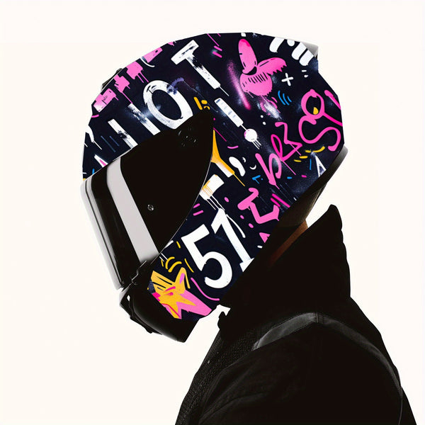Vibrant Multicolored Graffiti Vinyl Wrap Sticker for Full-Face Helmets, Featuring Waterproof And Scratch-Resistant Self-Adhesive PVC Decals, Perfect for Adding an Artistic Touch to Motorcycle Racing Helmets And Helmet Accessories.