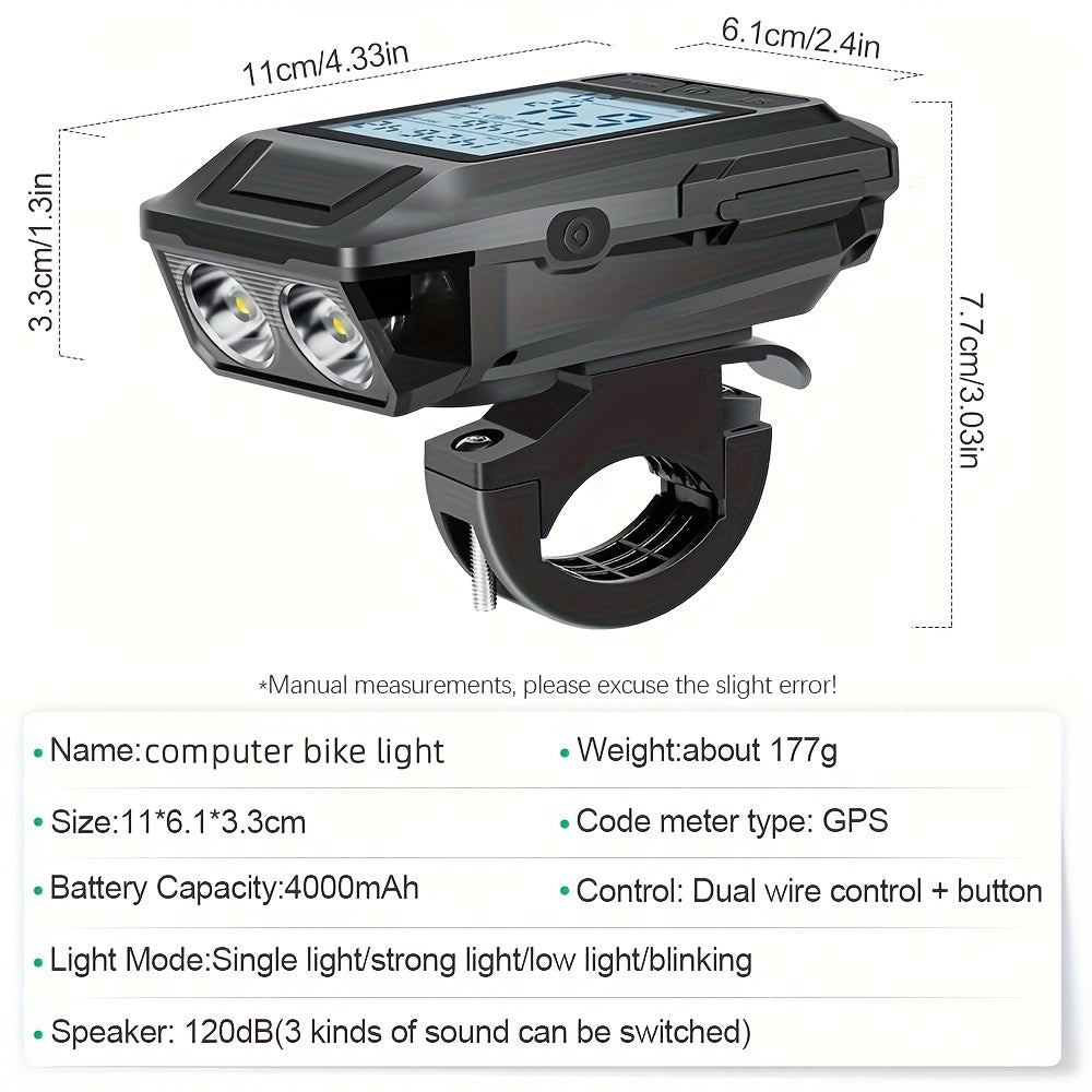 3-In-1 Bike Computer with Powerful LED Headlight, GPS Speedometer & Horn - USB-C Rechargeable Bike Odometer, Multi-Mode Display (Speed, Distance, Time, Calories, Altitude, Gradient), Long-Lasting Battery, Compatible with Smartphones\u002FApps
